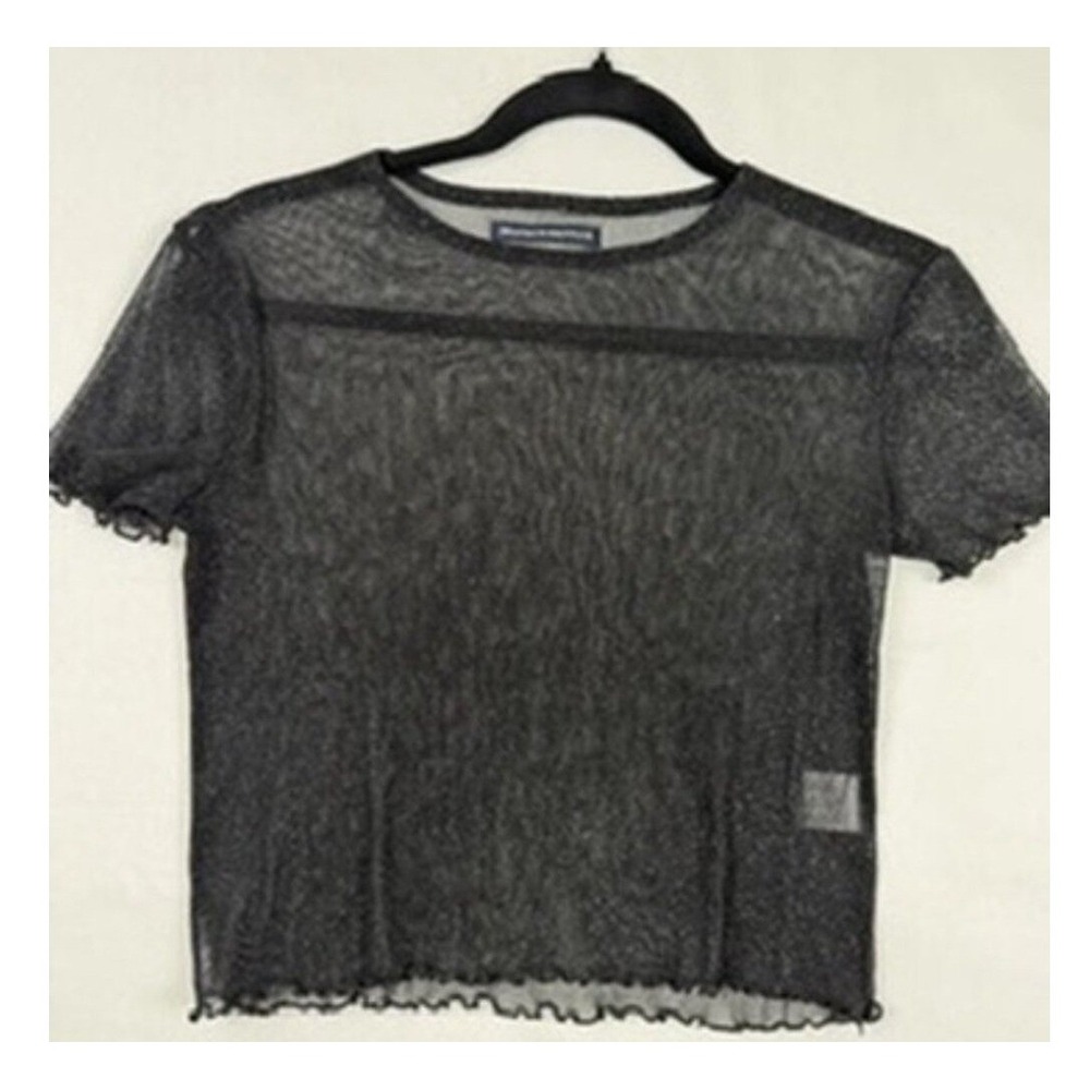 Brandy Melville Black Sheer Mesh Silver Shimmer Baby Tee Lettuce Edge One Size